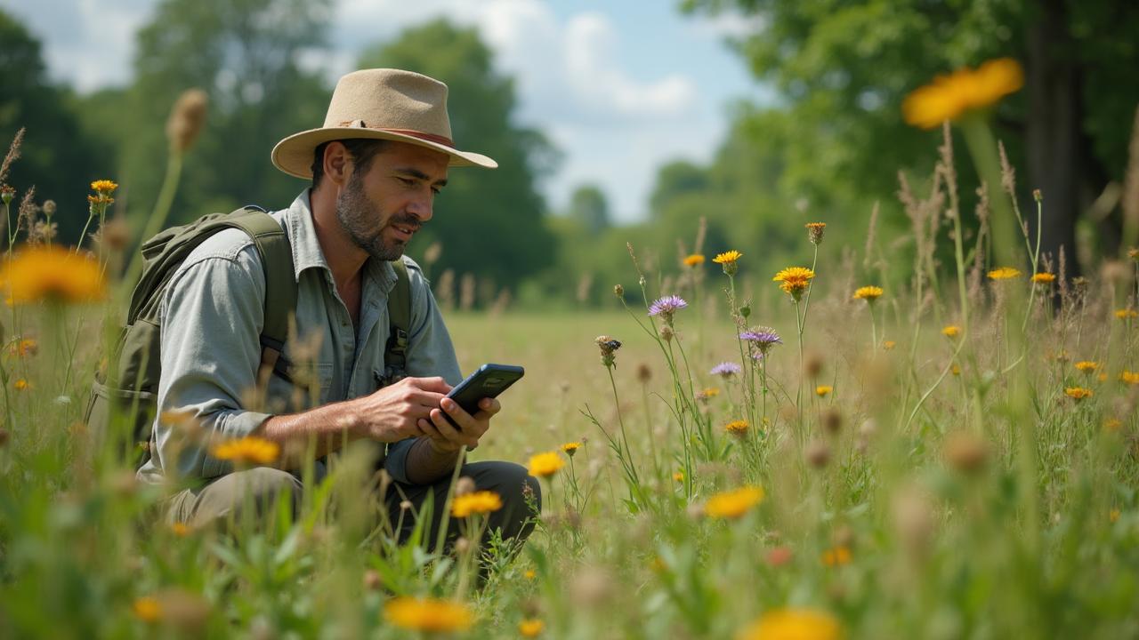 Professional biodiversity habitat survey with ecologist conducting fieldwork in UK wildlife meadow